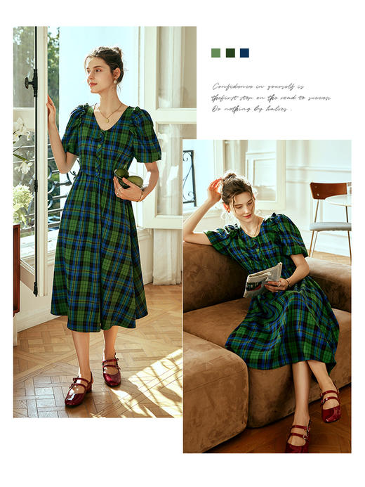 OLrain欧芮儿法式格子连衣裙女夏季2023年新款收腰复古泡泡袖裙子 商品图1