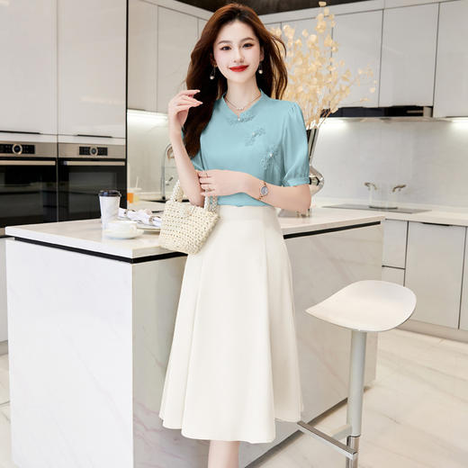夏新款新中式，盘扣立领小清新衬衣搭配纯色显瘦A字半身裙套装HR-WHA619-69 商品图0