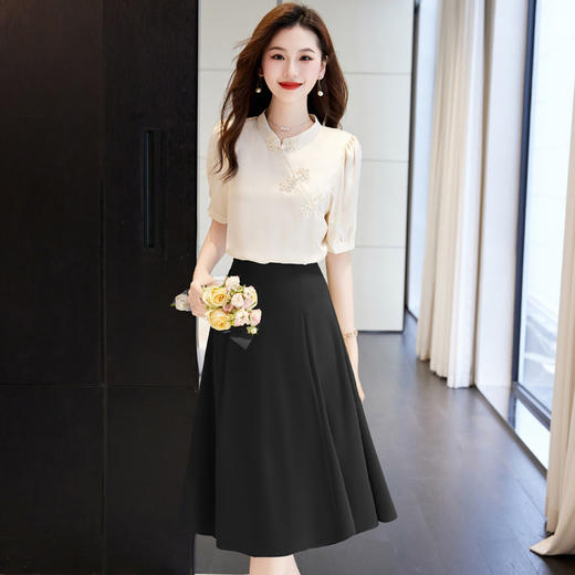 夏新款新中式，盘扣立领小清新衬衣搭配纯色显瘦A字半身裙套装HR-WHA619-69 商品图1