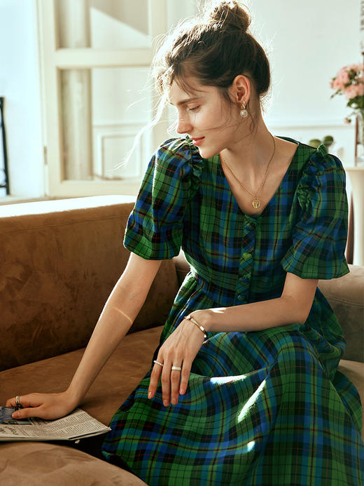 OLrain欧芮儿法式格子连衣裙女夏季2023年新款收腰复古泡泡袖裙子 商品图2