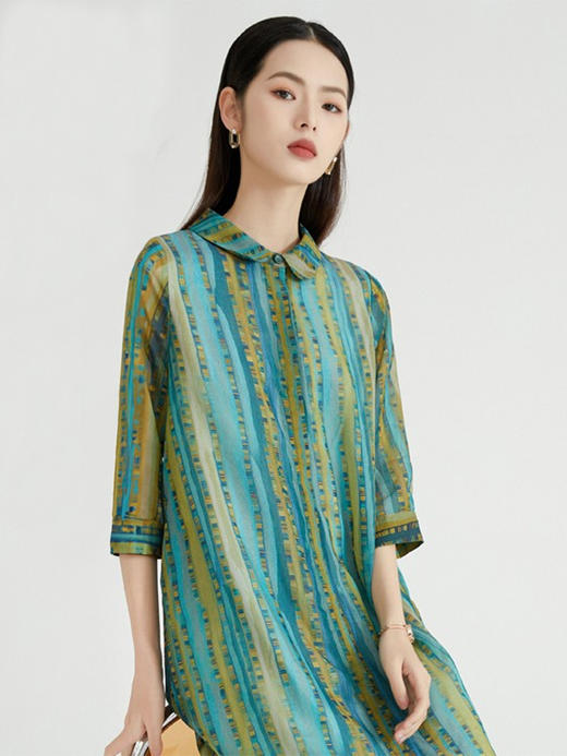 89094原形印花衬衫连衣裙女2024春夏季新款韩版七分袖休闲宽松显瘦长裙 商品图0