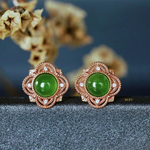 18K玫瑰金和田玉（碧玉）镶钻耳钉--锦瑞/半珠直径5mm/苹果绿 商品图1