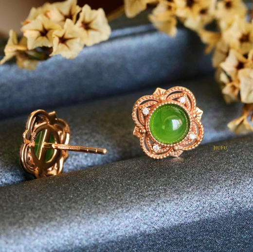 18K玫瑰金和田玉（碧玉）镶钻耳钉--锦瑞/半珠直径5mm/苹果绿 商品图7