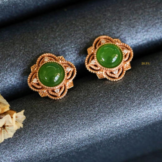 18K玫瑰金和田玉（碧玉）镶钻耳钉--锦瑞/半珠直径5mm/苹果绿 商品图6