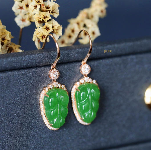 18K玫瑰金和田玉（碧玉）满钻耳饰--菩提叶 /菩提叶15*10mm/总长36mm/苹果绿 商品图1