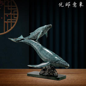 优邸鲸鱼黄铜摆件新中式手工大理石原创家居高端轻奢客厅开业送礼纯铜 热灼色 双鲸 彩铜 铜艺 鱼 摆件 鲸鱼