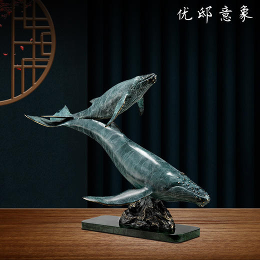 优邸鲸鱼黄铜摆件新中式手工大理石原创家居高端轻奢客厅开业送礼纯铜 热灼色 双鲸 彩铜 铜艺 鱼 摆件 鲸鱼 商品图0