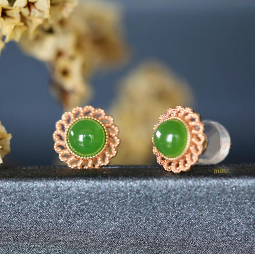 18K玫瑰金和田玉（碧玉）耳钉--锦心 /半珠直径5mm/苹果绿 商品图2