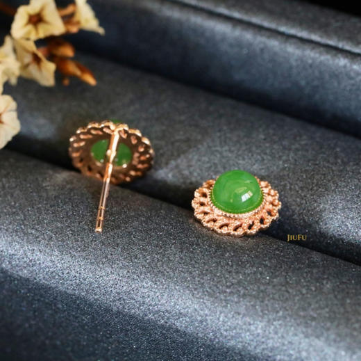 18K玫瑰金和田玉（碧玉）耳钉--锦心 /半珠直径5mm/苹果绿 商品图5
