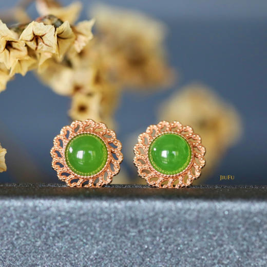 18K玫瑰金和田玉（碧玉）耳钉--锦心 /半珠直径5mm/苹果绿 商品图0