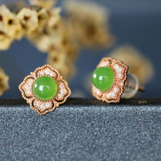 18K玫瑰金和田玉（碧玉）镶钻耳钉--锦熠/半珠直径4-5mm/苹果绿 商品图3