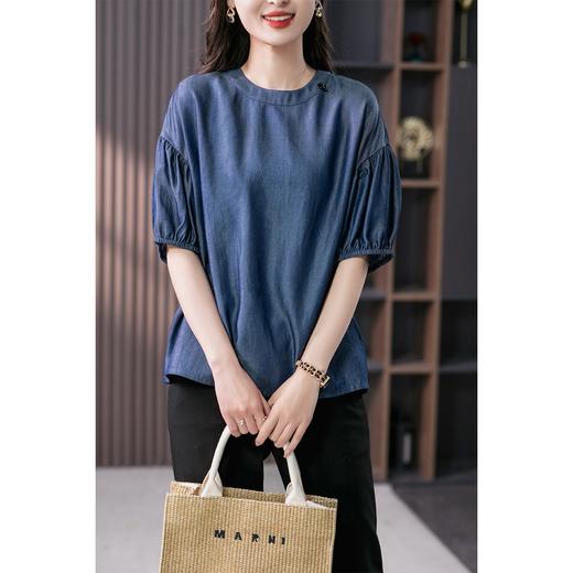 YX【现货7天】宽松休闲圆领短袖t恤韩版设计感灯笼袖上衣 商品图2