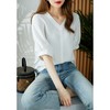 YX【现货7天】FSW优雅气质v领短袖T恤设计感灯笼袖休闲上衣 商品缩略图1