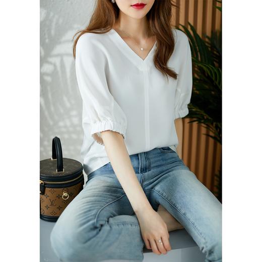 YX【现货7天】FSW优雅气质v领短袖T恤设计感灯笼袖休闲上衣 商品图1