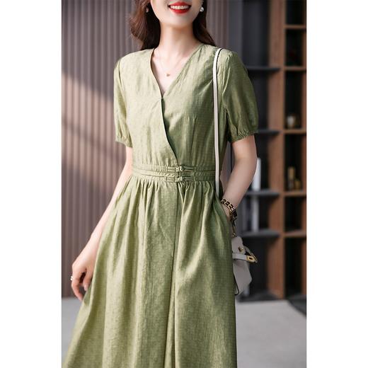 YX【定制15天】FSW天丝短袖连衣裙泡泡袖复古盘扣收腰A字裙 商品图0