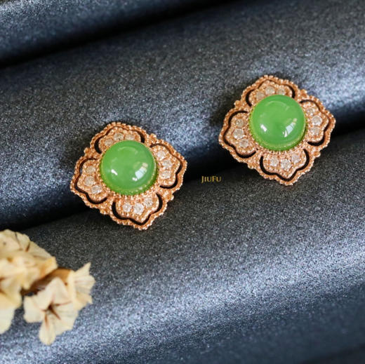18K玫瑰金和田玉（碧玉）镶钻耳钉--锦熠/半珠直径4-5mm/苹果绿 商品图5