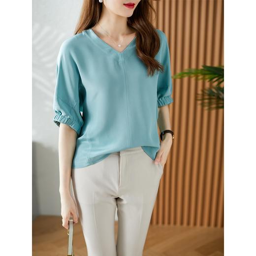 YX【现货7天】FSW优雅气质v领短袖T恤设计感灯笼袖休闲上衣 商品图3