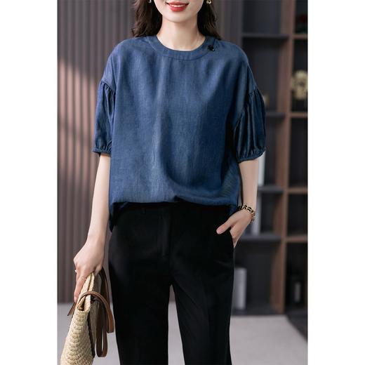 YX【现货7天】宽松休闲圆领短袖t恤韩版设计感灯笼袖上衣 商品图3