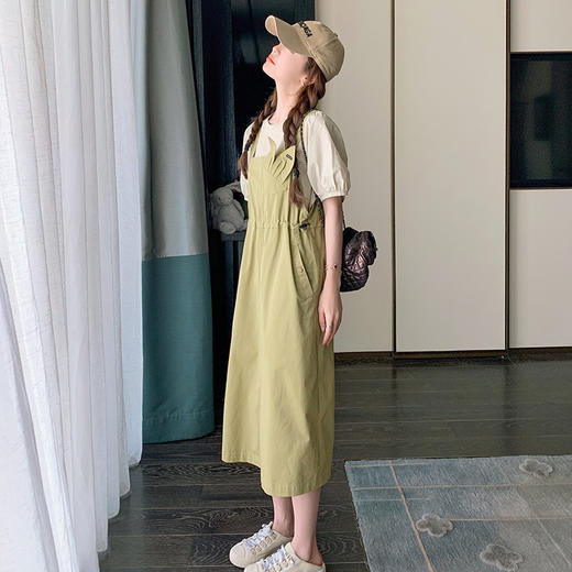 HR EWX2350兔耳朵背带裙高腰压褶宽松遮肉两件套套装 商品图2