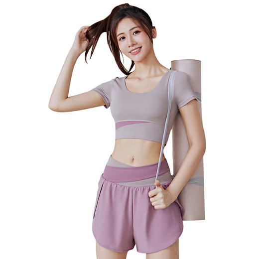 运动防走光免穿文胸，夏蜜桃拼色速干套装YH-JYMD013 商品图4