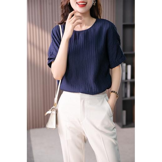 YX【定制15天】FSW时尚褶皱薄款短袖T恤宽松真丝桑蚕丝上衣 商品图4