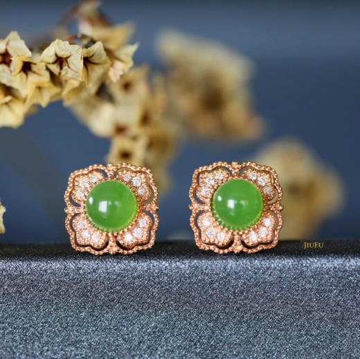 18K玫瑰金和田玉（碧玉）镶钻耳钉--锦熠/半珠直径4-5mm/苹果绿 商品图1