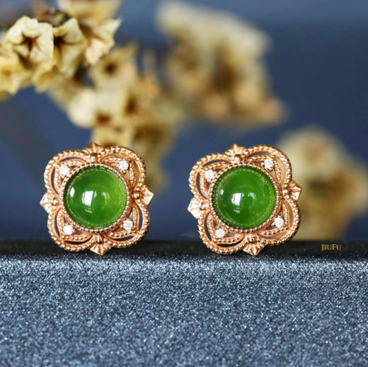 18K玫瑰金和田玉（碧玉）镶钻耳钉--锦瑞/半珠直径5mm/苹果绿 商品图3