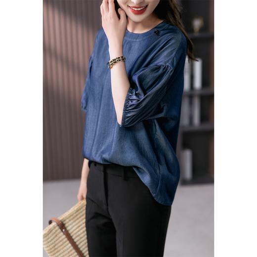 YX【现货7天】宽松休闲圆领短袖t恤韩版设计感灯笼袖上衣 商品图0