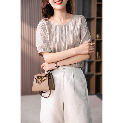 YX【定制15天】FSW时尚褶皱薄款短袖T恤宽松真丝桑蚕丝上衣 商品图1