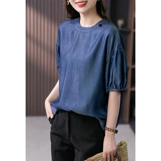 YX【现货7天】宽松休闲圆领短袖t恤韩版设计感灯笼袖上衣 商品图1