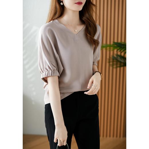 YX【现货7天】FSW优雅气质v领短袖T恤设计感灯笼袖休闲上衣 商品图0