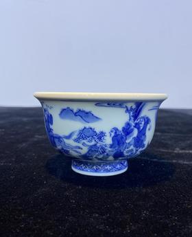 柴窑青花人物萧何月下追韩信压手杯