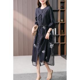 87890原形高级感绣花真丝连衣裙女2024春夏季新款灯笼袖桑蚕丝长裙子