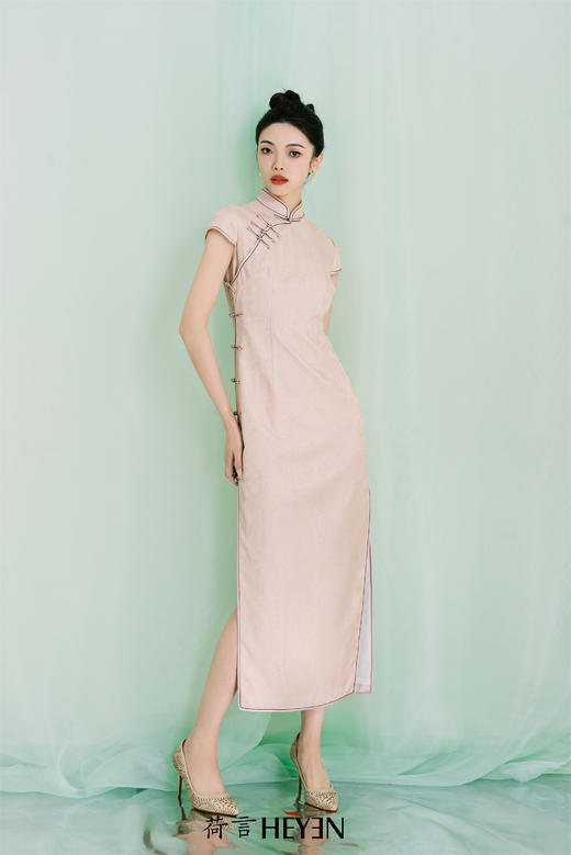 荷言HEYEN 胭脂粉 非遗花罗粉色手工旗袍 商品图4