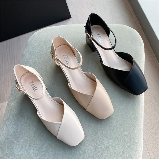 ZHR一字带包头凉鞋2023新款网红时尚女鞋夏高跟粗跟百搭仙女单鞋 商品图1