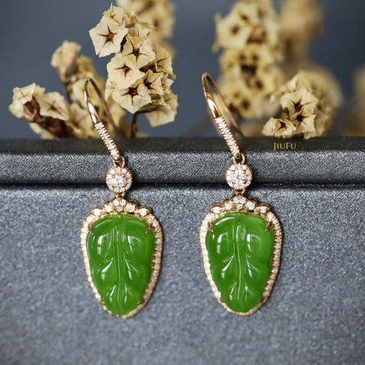 18K玫瑰金和田玉（碧玉）满钻耳饰--菩提叶 /菩提叶15*10mm/总长36mm/苹果绿 商品图0