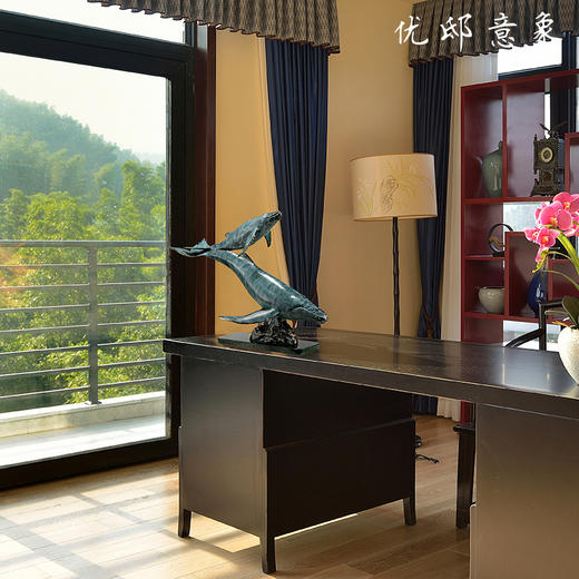 优邸鲸鱼黄铜摆件新中式手工大理石原创家居高端轻奢客厅开业送礼纯铜 热灼色 双鲸 彩铜 铜艺 鱼 摆件 鲸鱼 商品图1