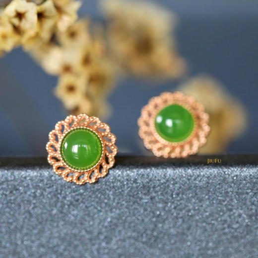 18K玫瑰金和田玉（碧玉）耳钉--锦心 /半珠直径5mm/苹果绿 商品图1