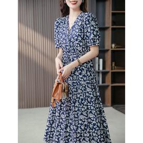 YX【定制15天】FSW高级感显白V领连衣裙韩版设计感碎花显瘦长裙