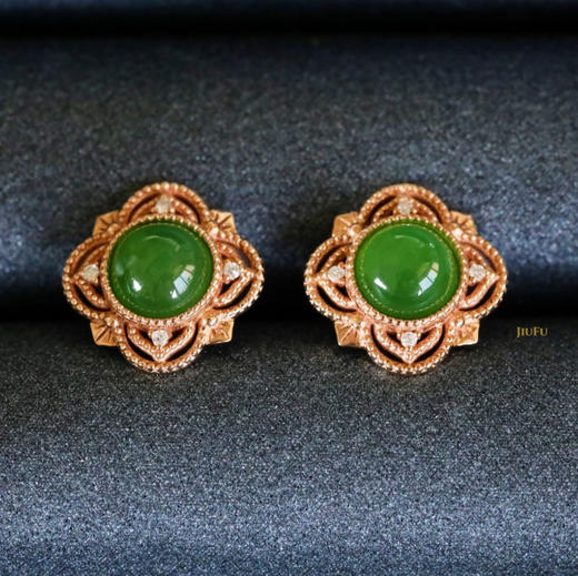 18K玫瑰金和田玉（碧玉）镶钻耳钉--锦瑞/半珠直径5mm/苹果绿 商品图5