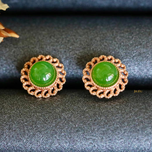 18K玫瑰金和田玉（碧玉）耳钉--锦心 /半珠直径5mm/苹果绿 商品图3