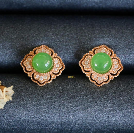 18K玫瑰金和田玉（碧玉）镶钻耳钉--锦熠/半珠直径4-5mm/苹果绿 商品图4