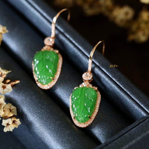 18K玫瑰金和田玉（碧玉）满钻耳饰--菩提叶 /菩提叶15*10mm/总长36mm/苹果绿 商品图2