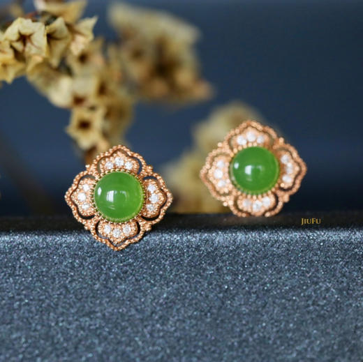 18K玫瑰金和田玉（碧玉）镶钻耳钉--锦熠/半珠直径4-5mm/苹果绿 商品图2