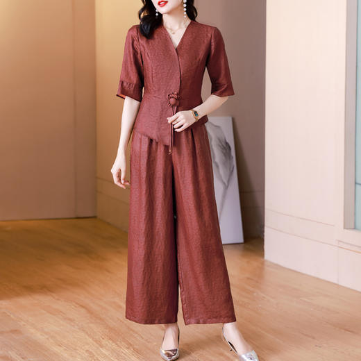 新中式仿香云纱，红色衬衫阔腿裤时尚两件套AHM-blx9536 商品图1