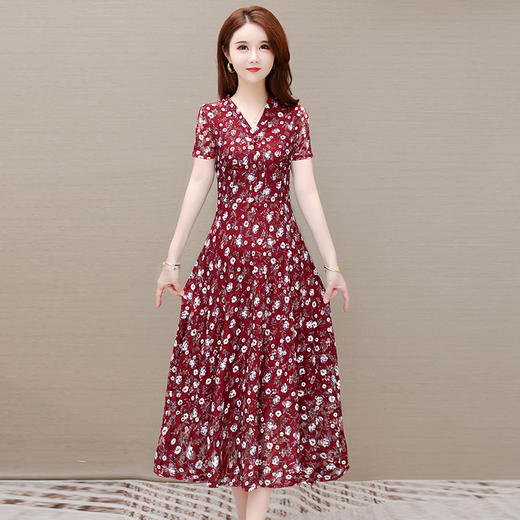 印花长裙时尚妈妈装短袖裙气质优雅中长款小花A字裙裙QYM-JJ-642309-Y 商品图6