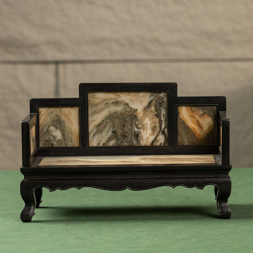 二十世纪 紫檀镶云石三弯腿五屏式罗汉床摆件 商品图0