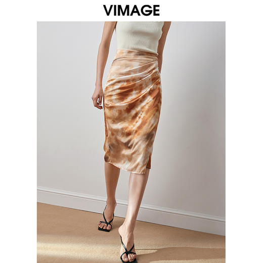 VIMAGE纬漫纪新款高腰垂感扎染印花半身裙女V2006604 商品图2