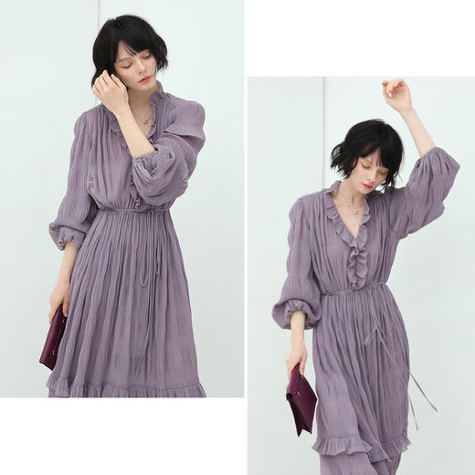 COCOBELLA宫廷风重工压褶木耳边连衣裙秋优雅轻熟茶歇裙FR570 商品图3