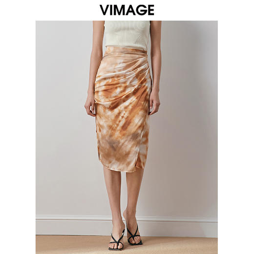 VIMAGE纬漫纪新款高腰垂感扎染印花半身裙女V2006604 商品图0